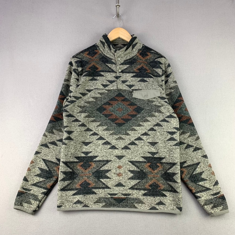 Lucky Brand Aztec Fleece Pullover Men L Gray Southwestern Western Better Sweater